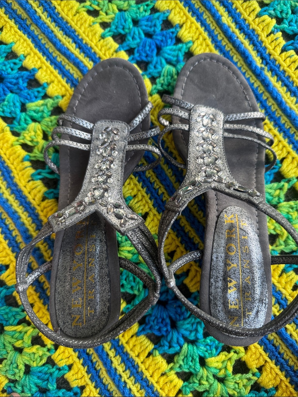 New York Transit Silver Jeweled T-Strap Flats